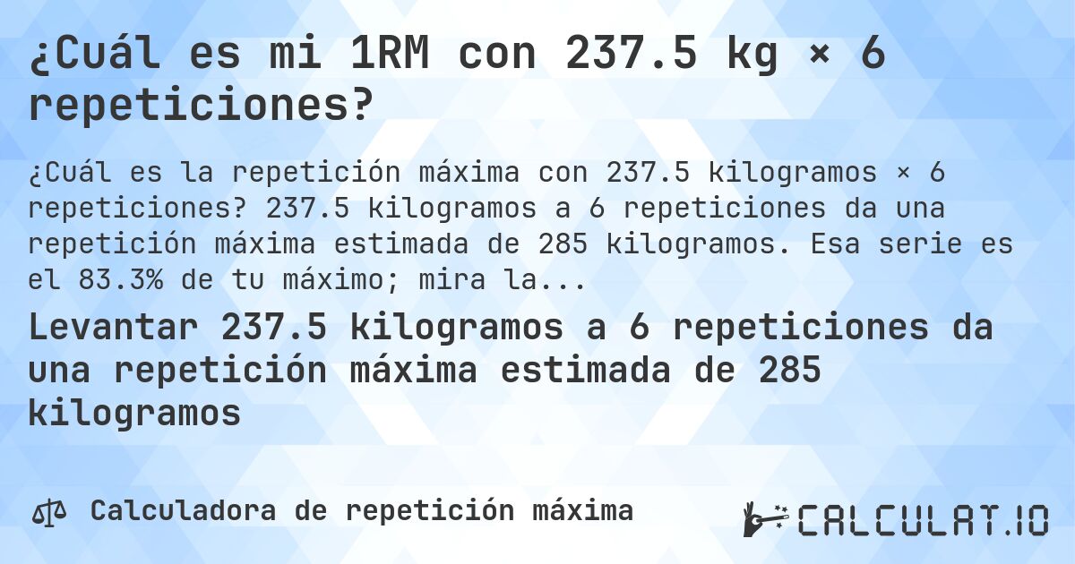 ¿Cuál es mi 1RM con 237.5 kg × 6 repeticiones?. 237.5 kilogramos a 6 repeticiones da una repetición máxima estimada de 285 kilogramos. Esa serie es el 83.3% de tu máximo; mira la tabla completa.