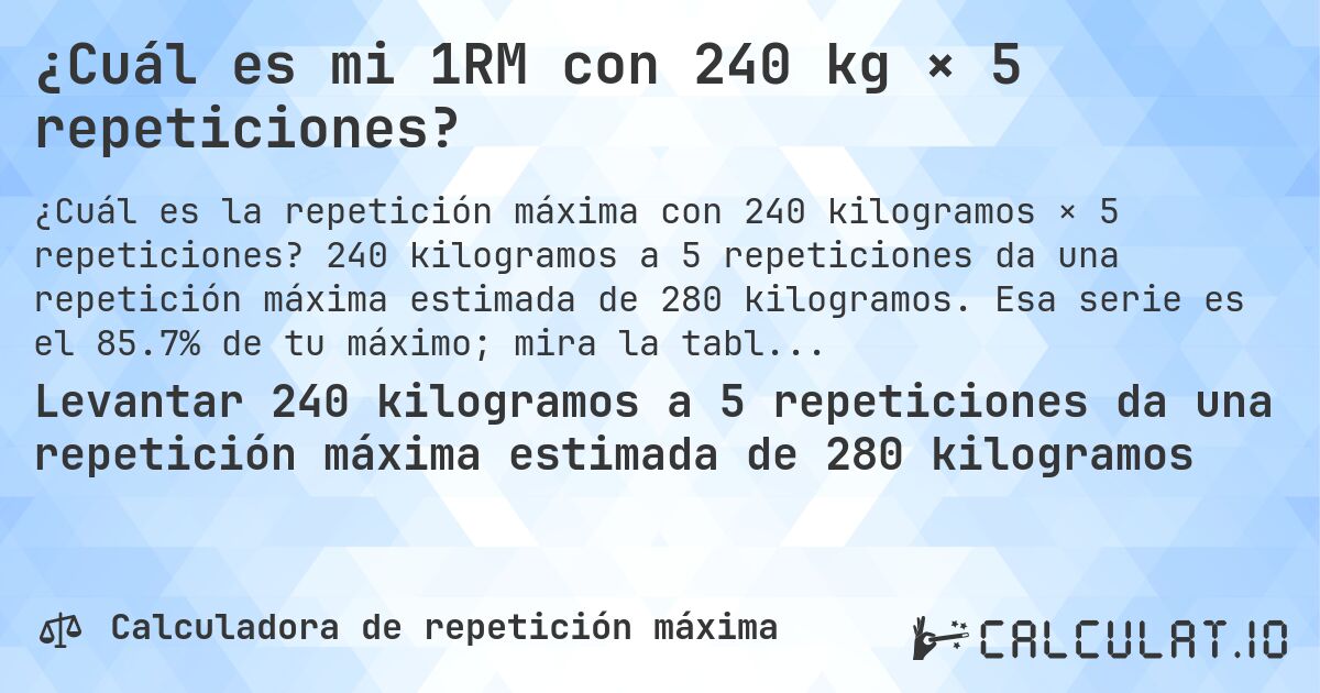 ¿Cuál es mi 1RM con 240 kg × 5 repeticiones?. 240 kilogramos a 5 repeticiones da una repetición máxima estimada de 280 kilogramos. Esa serie es el 85.7% de tu máximo; mira la tabla completa.