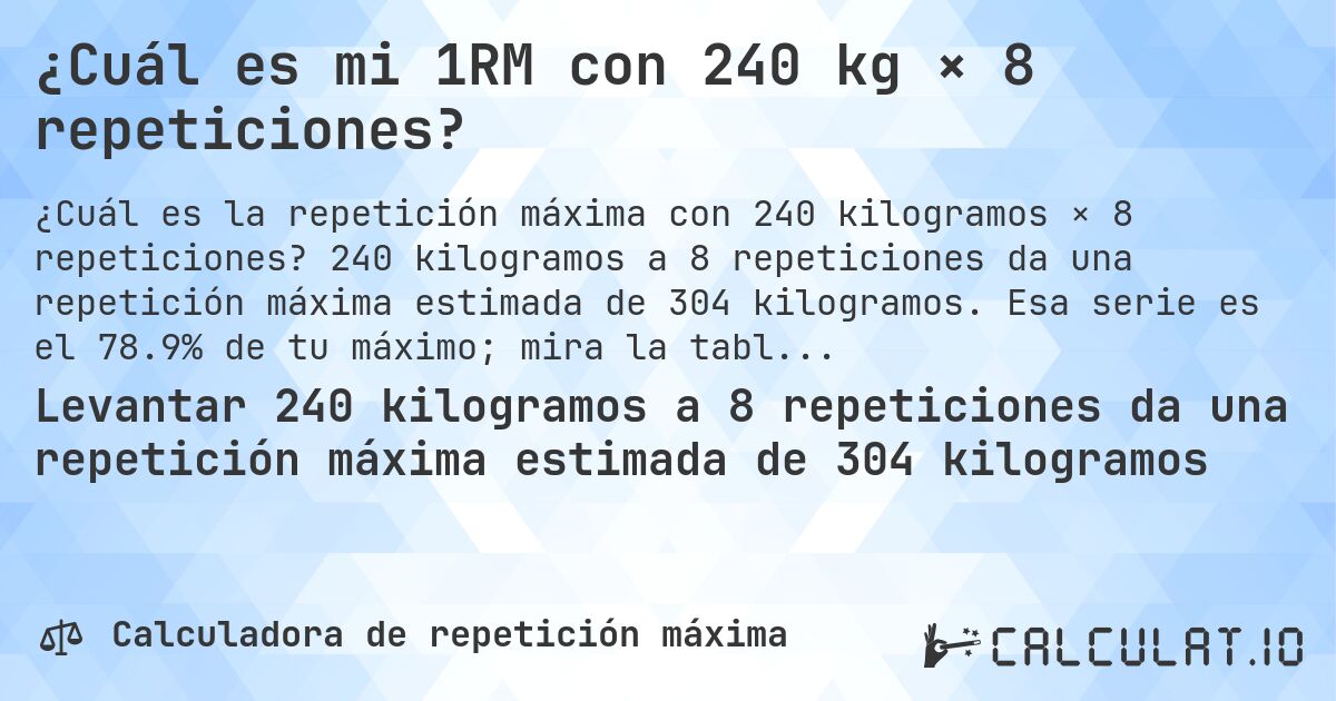 ¿Cuál es mi 1RM con 240 kg × 8 repeticiones?. 240 kilogramos a 8 repeticiones da una repetición máxima estimada de 304 kilogramos. Esa serie es el 78.9% de tu máximo; mira la tabla completa.