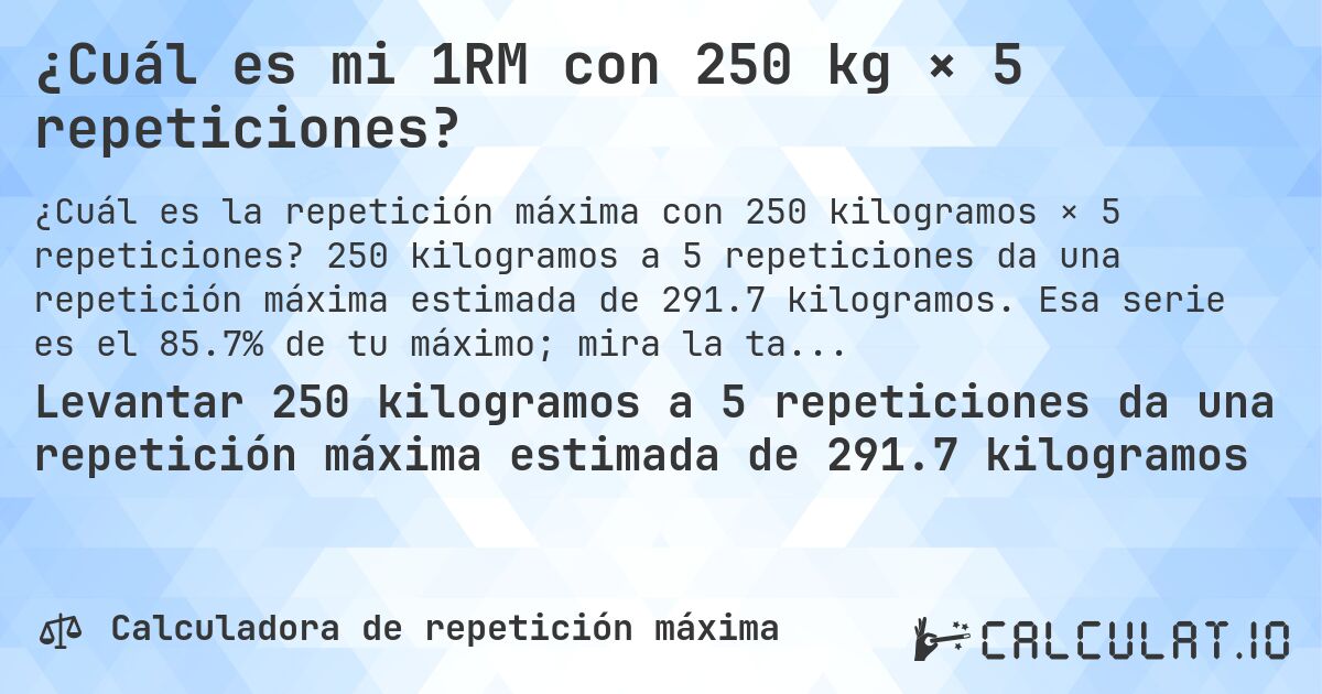 ¿Cuál es mi 1RM con 250 kg × 5 repeticiones?. 250 kilogramos a 5 repeticiones da una repetición máxima estimada de 291.7 kilogramos. Esa serie es el 85.7% de tu máximo; mira la tabla completa.