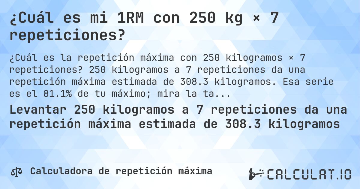 ¿Cuál es mi 1RM con 250 kg × 7 repeticiones?. 250 kilogramos a 7 repeticiones da una repetición máxima estimada de 308.3 kilogramos. Esa serie es el 81.1% de tu máximo; mira la tabla completa.