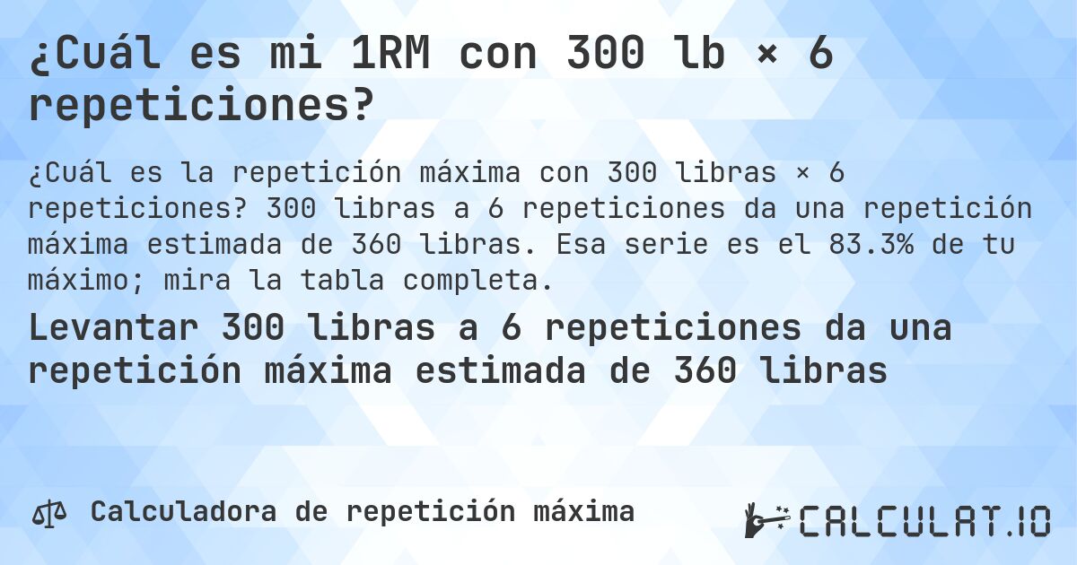 ¿Cuál es mi 1RM con 300 lb × 6 repeticiones?. 300 libras a 6 repeticiones da una repetición máxima estimada de 360 libras. Esa serie es el 83.3% de tu máximo; mira la tabla completa.