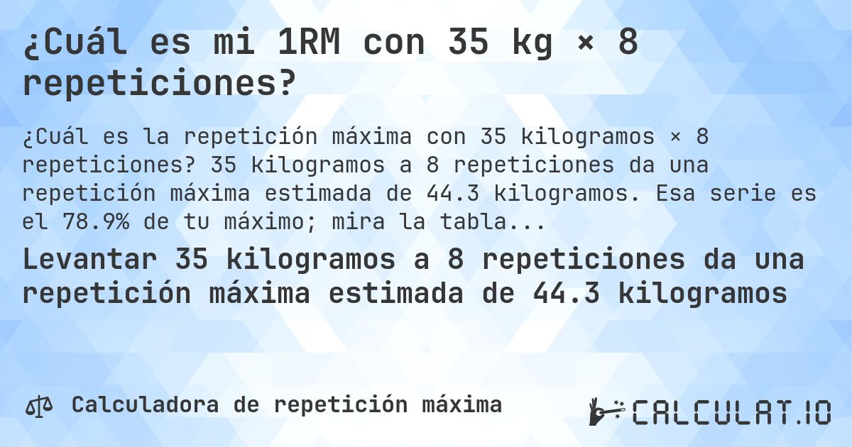 ¿Cuál es mi 1RM con 35 kg × 8 repeticiones?. 35 kilogramos a 8 repeticiones da una repetición máxima estimada de 44.3 kilogramos. Esa serie es el 78.9% de tu máximo; mira la tabla completa.