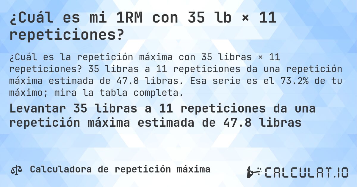 ¿Cuál es mi 1RM con 35 lb × 11 repeticiones?. 35 libras a 11 repeticiones da una repetición máxima estimada de 47.8 libras. Esa serie es el 73.2% de tu máximo; mira la tabla completa.