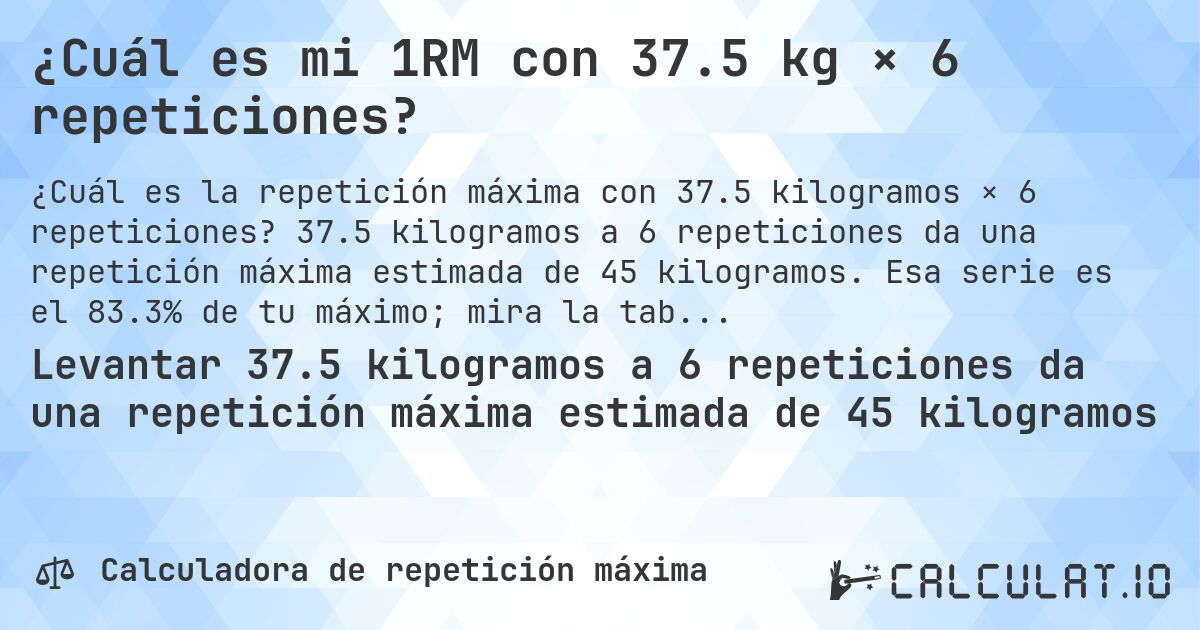 ¿Cuál es mi 1RM con 37.5 kg × 6 repeticiones?. 37.5 kilogramos a 6 repeticiones da una repetición máxima estimada de 45 kilogramos. Esa serie es el 83.3% de tu máximo; mira la tabla completa.