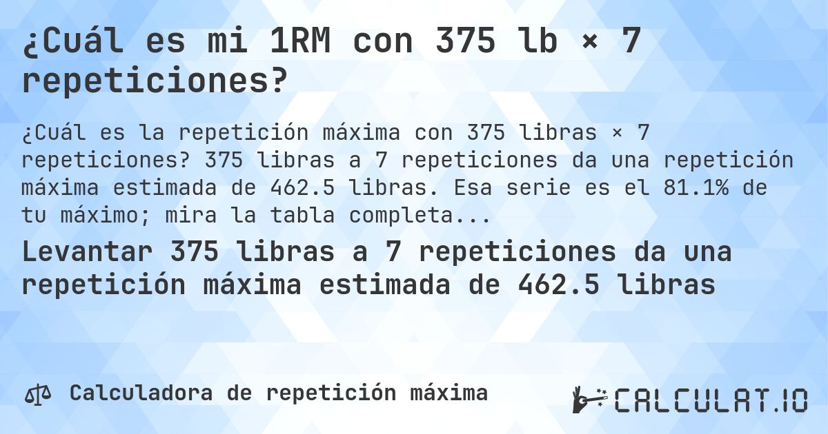 ¿Cuál es mi 1RM con 375 lb × 7 repeticiones?. 375 libras a 7 repeticiones da una repetición máxima estimada de 462.5 libras. Esa serie es el 81.1% de tu máximo; mira la tabla completa.