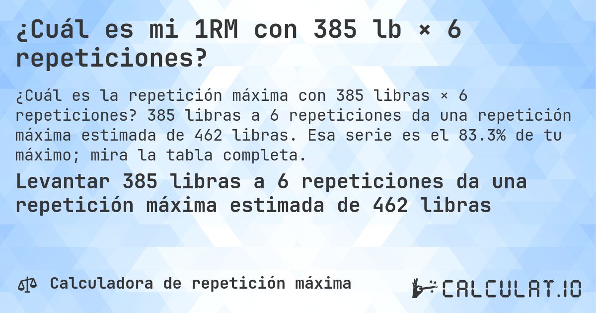 ¿Cuál es mi 1RM con 385 lb × 6 repeticiones?. 385 libras a 6 repeticiones da una repetición máxima estimada de 462 libras. Esa serie es el 83.3% de tu máximo; mira la tabla completa.