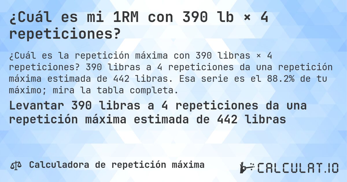 ¿Cuál es mi 1RM con 390 lb × 4 repeticiones?. 390 libras a 4 repeticiones da una repetición máxima estimada de 442 libras. Esa serie es el 88.2% de tu máximo; mira la tabla completa.