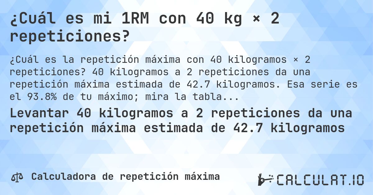 ¿Cuál es mi 1RM con 40 kg × 2 repeticiones?. 40 kilogramos a 2 repeticiones da una repetición máxima estimada de 42.7 kilogramos. Esa serie es el 93.8% de tu máximo; mira la tabla completa.