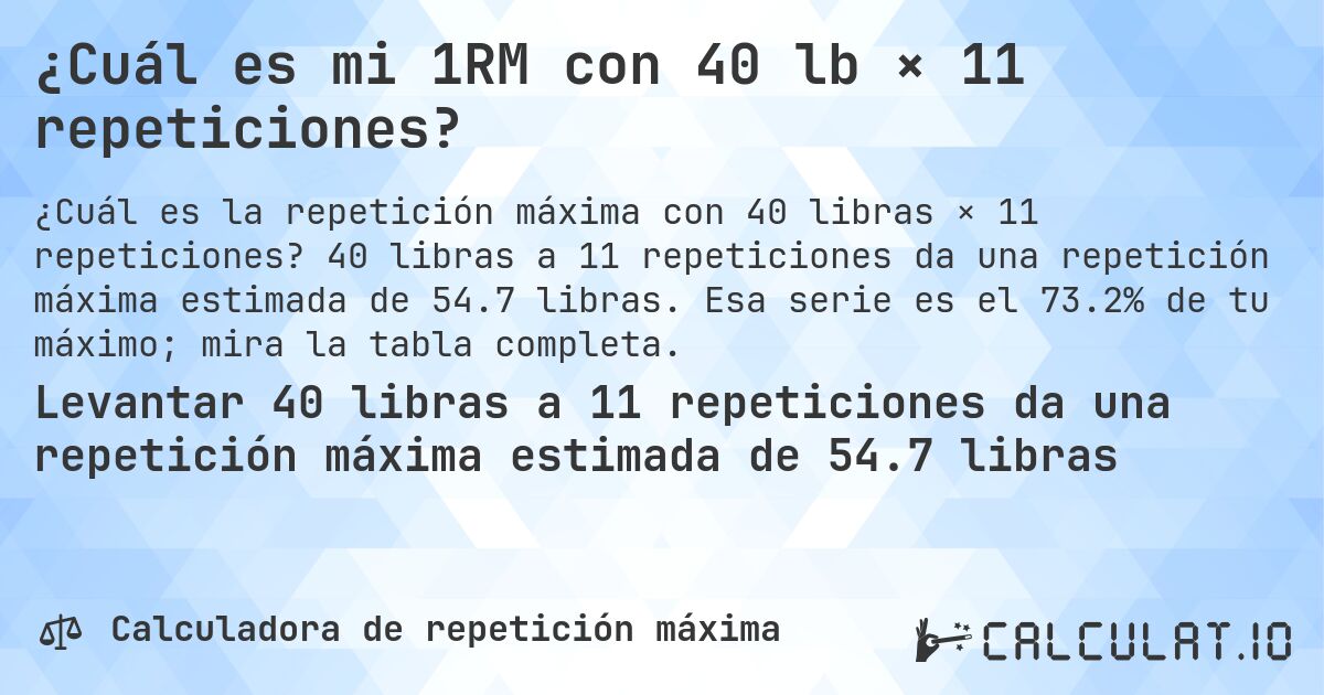 ¿Cuál es mi 1RM con 40 lb × 11 repeticiones?. 40 libras a 11 repeticiones da una repetición máxima estimada de 54.7 libras. Esa serie es el 73.2% de tu máximo; mira la tabla completa.