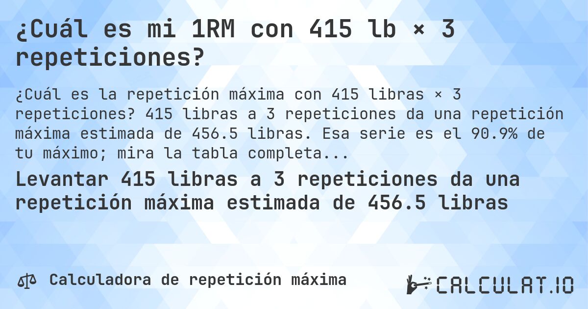 ¿Cuál es mi 1RM con 415 lb × 3 repeticiones?. 415 libras a 3 repeticiones da una repetición máxima estimada de 456.5 libras. Esa serie es el 90.9% de tu máximo; mira la tabla completa.