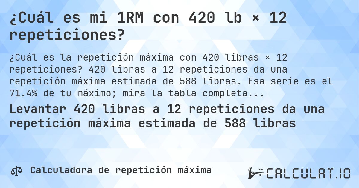 ¿Cuál es mi 1RM con 420 lb × 12 repeticiones?. 420 libras a 12 repeticiones da una repetición máxima estimada de 588 libras. Esa serie es el 71.4% de tu máximo; mira la tabla completa.