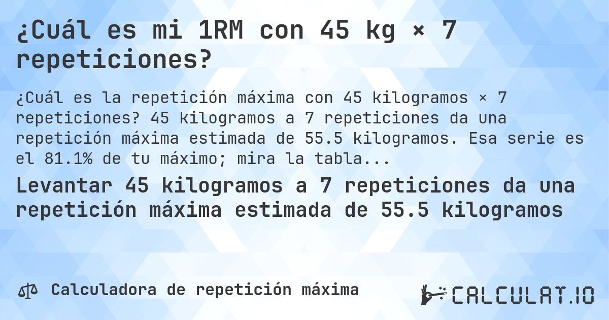 ¿Cuál es mi 1RM con 45 kg × 7 repeticiones?. 45 kilogramos a 7 repeticiones da una repetición máxima estimada de 55.5 kilogramos. Esa serie es el 81.1% de tu máximo; mira la tabla completa.