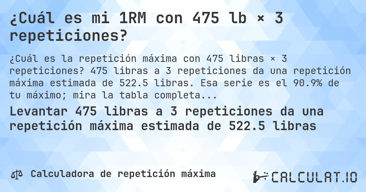 ¿Cuál es mi 1RM con 475 lb × 3 repeticiones?. 475 libras a 3 repeticiones da una repetición máxima estimada de 522.5 libras. Esa serie es el 90.9% de tu máximo; mira la tabla completa.