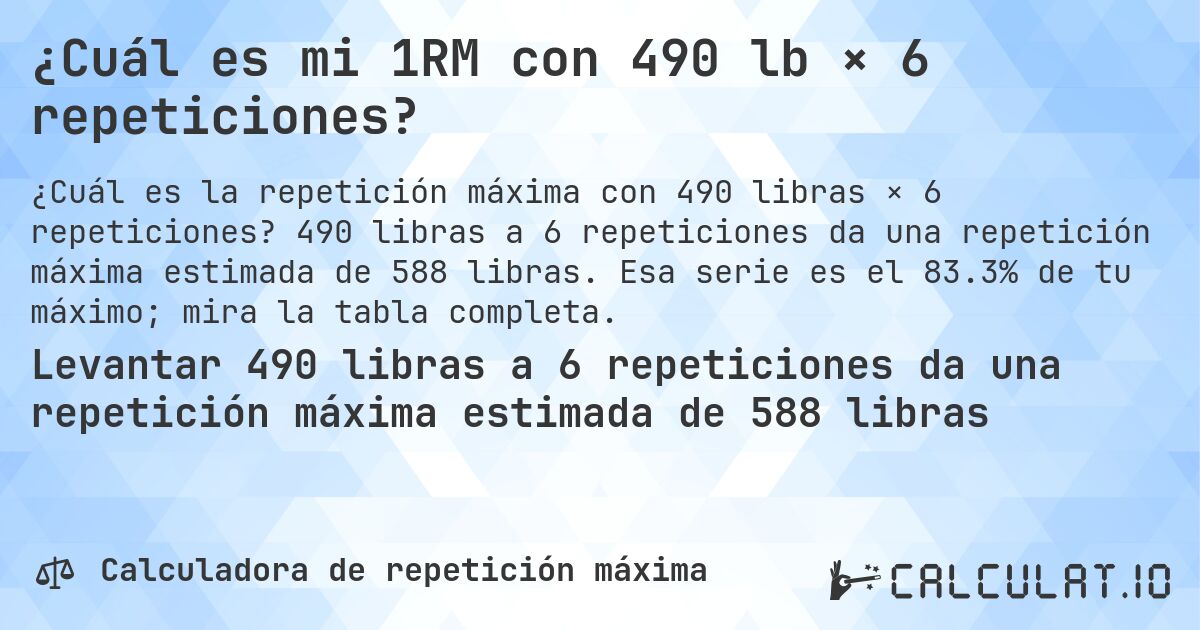 ¿Cuál es mi 1RM con 490 lb × 6 repeticiones?. 490 libras a 6 repeticiones da una repetición máxima estimada de 588 libras. Esa serie es el 83.3% de tu máximo; mira la tabla completa.