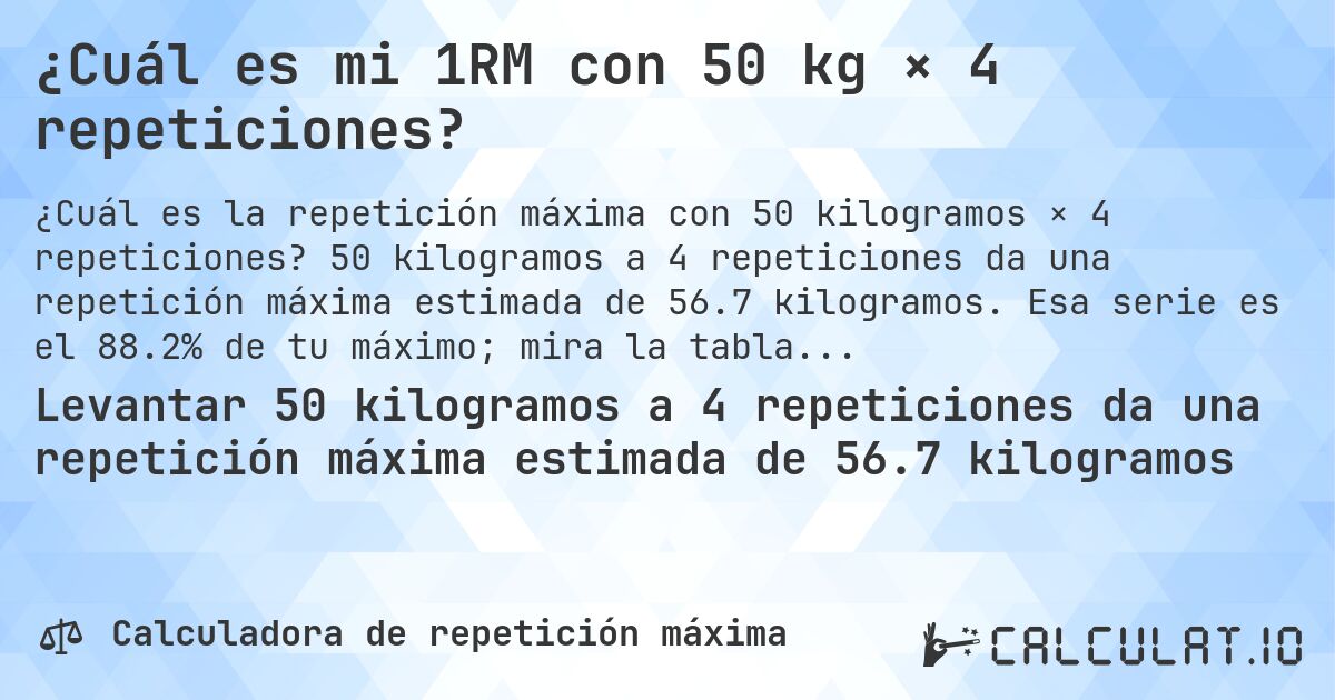 ¿Cuál es mi 1RM con 50 kg × 4 repeticiones?. 50 kilogramos a 4 repeticiones da una repetición máxima estimada de 56.7 kilogramos. Esa serie es el 88.2% de tu máximo; mira la tabla completa.