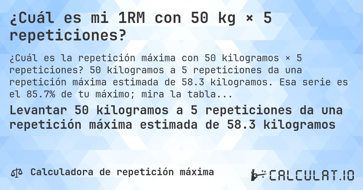 ¿Cuál es mi 1RM con 50 kg × 5 repeticiones?. 50 kilogramos a 5 repeticiones da una repetición máxima estimada de 58.3 kilogramos. Esa serie es el 85.7% de tu máximo; mira la tabla completa.