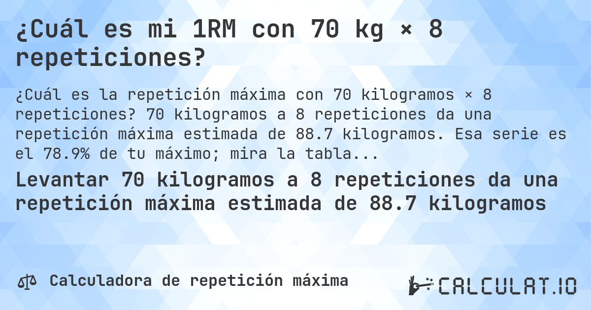 ¿Cuál es mi 1RM con 70 kg × 8 repeticiones?. 70 kilogramos a 8 repeticiones da una repetición máxima estimada de 88.7 kilogramos. Esa serie es el 78.9% de tu máximo; mira la tabla completa.