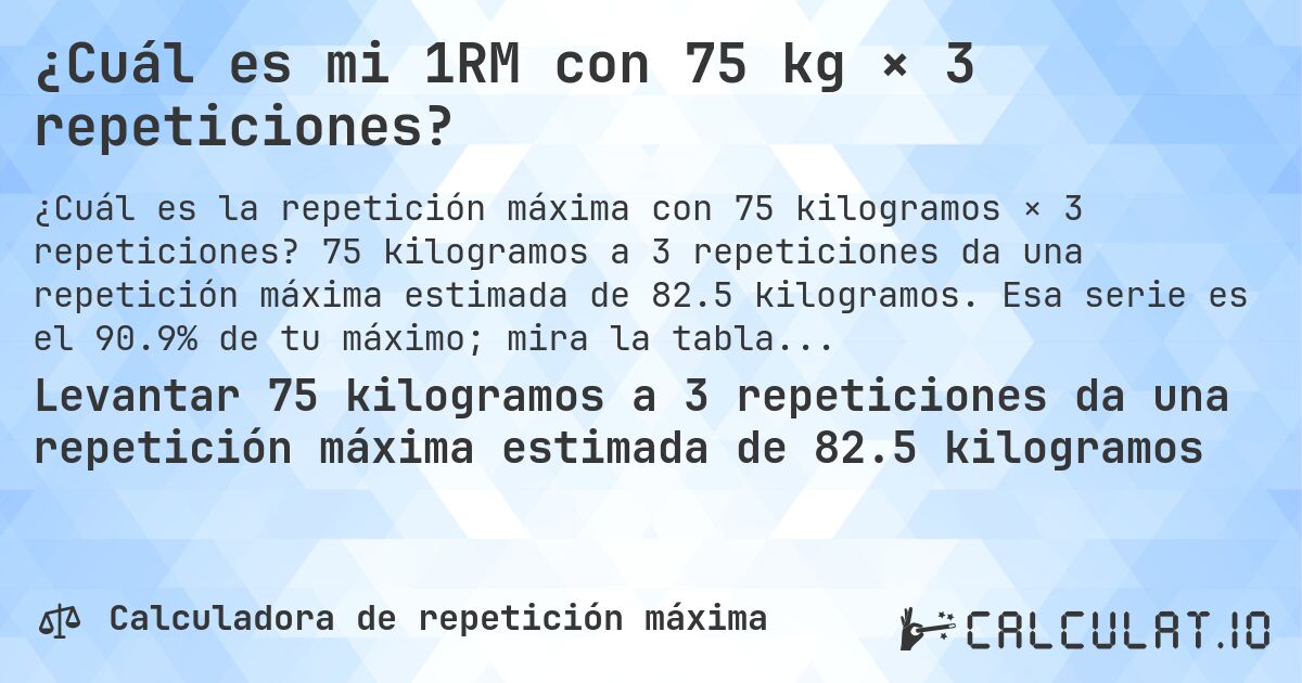 ¿Cuál es mi 1RM con 75 kg × 3 repeticiones?. 75 kilogramos a 3 repeticiones da una repetición máxima estimada de 82.5 kilogramos. Esa serie es el 90.9% de tu máximo; mira la tabla completa.