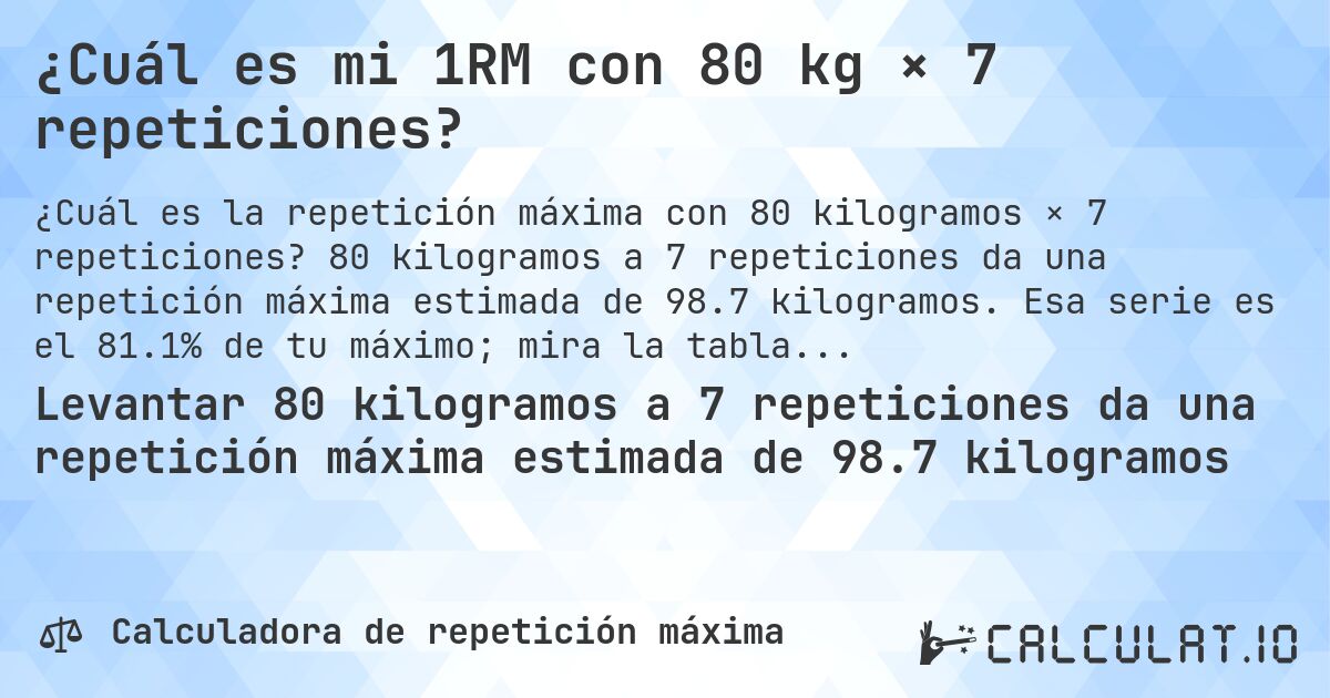 ¿Cuál es mi 1RM con 80 kg × 7 repeticiones?. 80 kilogramos a 7 repeticiones da una repetición máxima estimada de 98.7 kilogramos. Esa serie es el 81.1% de tu máximo; mira la tabla completa.