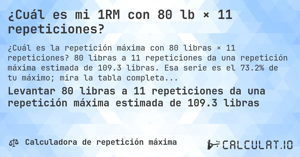 ¿Cuál es mi 1RM con 80 lb × 11 repeticiones?. 80 libras a 11 repeticiones da una repetición máxima estimada de 109.3 libras. Esa serie es el 73.2% de tu máximo; mira la tabla completa.