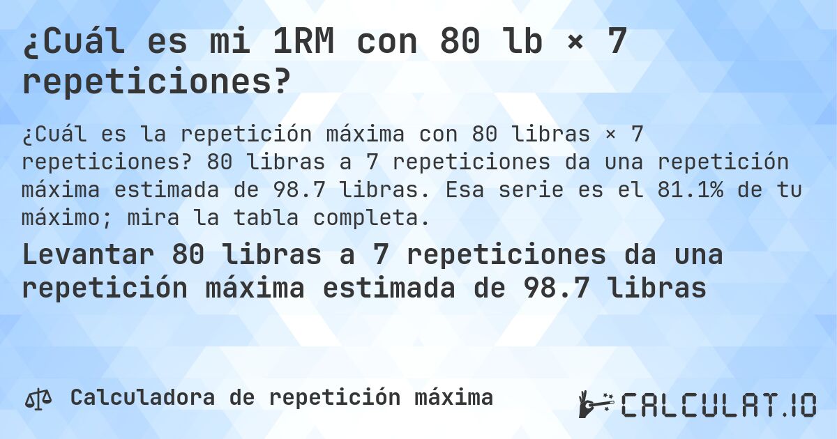 ¿Cuál es mi 1RM con 80 lb × 7 repeticiones?. 80 libras a 7 repeticiones da una repetición máxima estimada de 98.7 libras. Esa serie es el 81.1% de tu máximo; mira la tabla completa.
