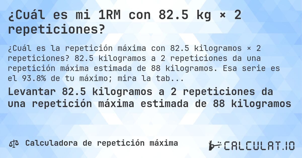 ¿Cuál es mi 1RM con 82.5 kg × 2 repeticiones?. 82.5 kilogramos a 2 repeticiones da una repetición máxima estimada de 88 kilogramos. Esa serie es el 93.8% de tu máximo; mira la tabla completa.