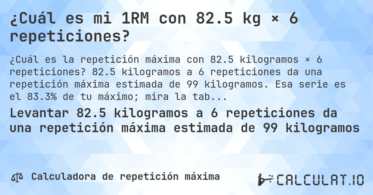 ¿Cuál es mi 1RM con 82.5 kg × 6 repeticiones?. 82.5 kilogramos a 6 repeticiones da una repetición máxima estimada de 99 kilogramos. Esa serie es el 83.3% de tu máximo; mira la tabla completa.