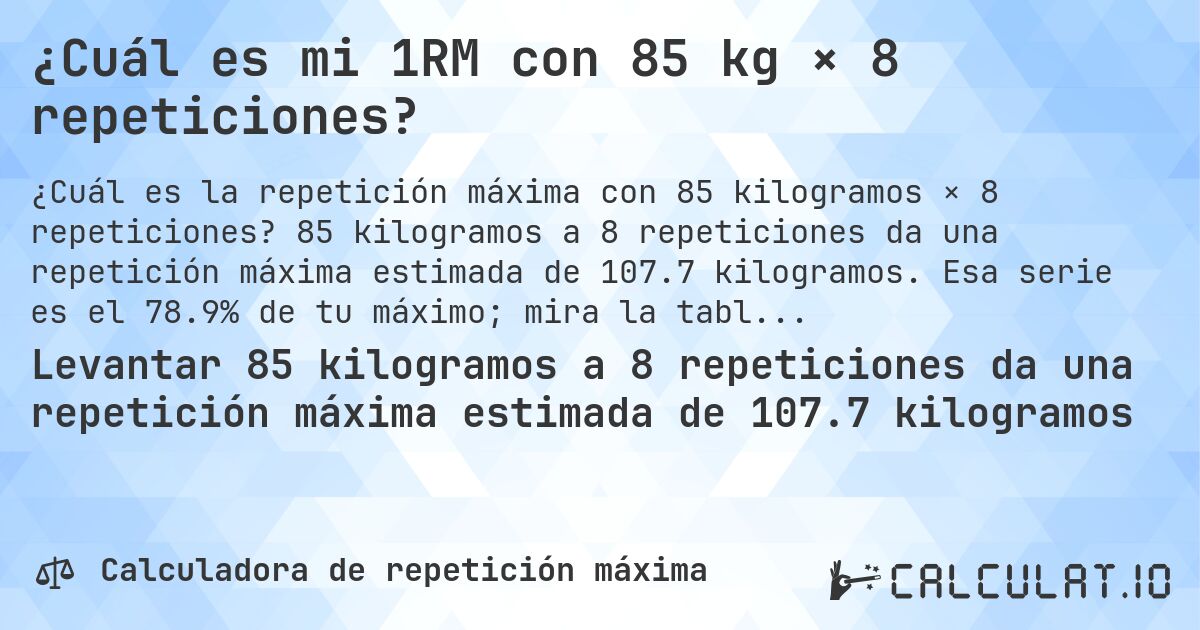 ¿Cuál es mi 1RM con 85 kg × 8 repeticiones?. 85 kilogramos a 8 repeticiones da una repetición máxima estimada de 107.7 kilogramos. Esa serie es el 78.9% de tu máximo; mira la tabla completa.