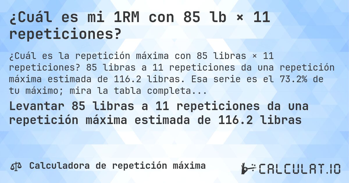 ¿Cuál es mi 1RM con 85 lb × 11 repeticiones?. 85 libras a 11 repeticiones da una repetición máxima estimada de 116.2 libras. Esa serie es el 73.2% de tu máximo; mira la tabla completa.