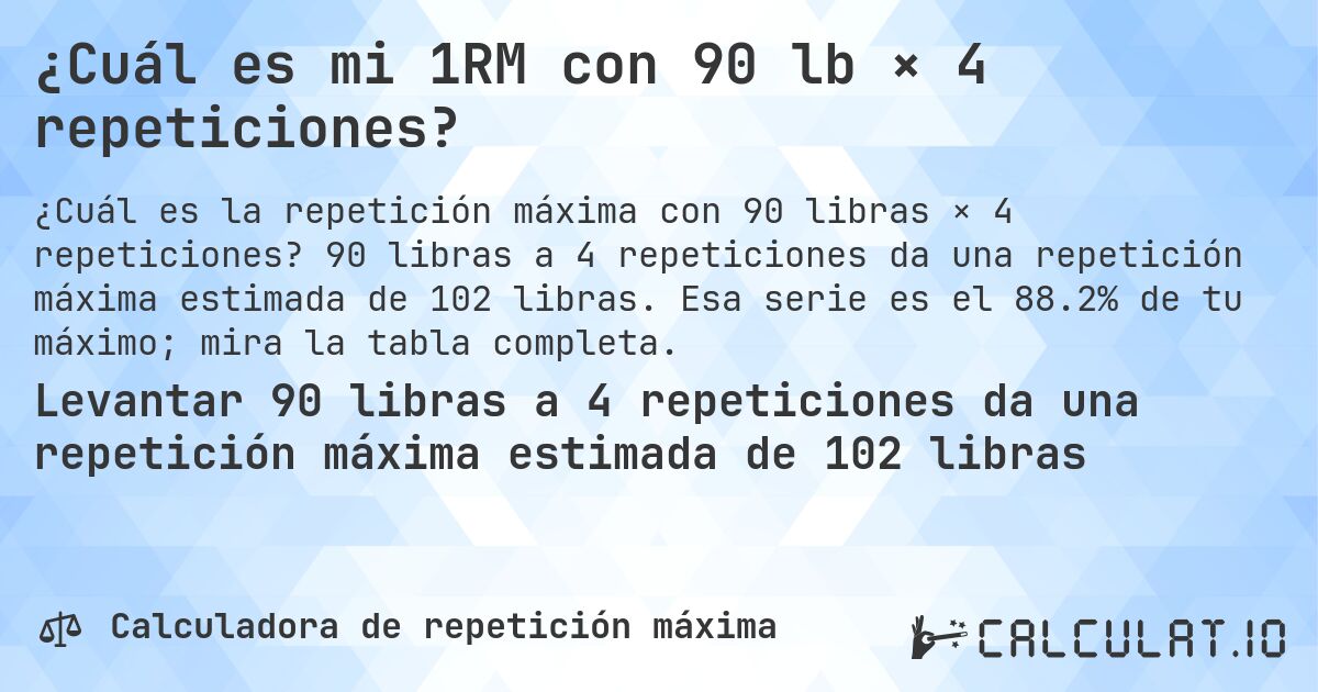 ¿Cuál es mi 1RM con 90 lb × 4 repeticiones?. 90 libras a 4 repeticiones da una repetición máxima estimada de 102 libras. Esa serie es el 88.2% de tu máximo; mira la tabla completa.