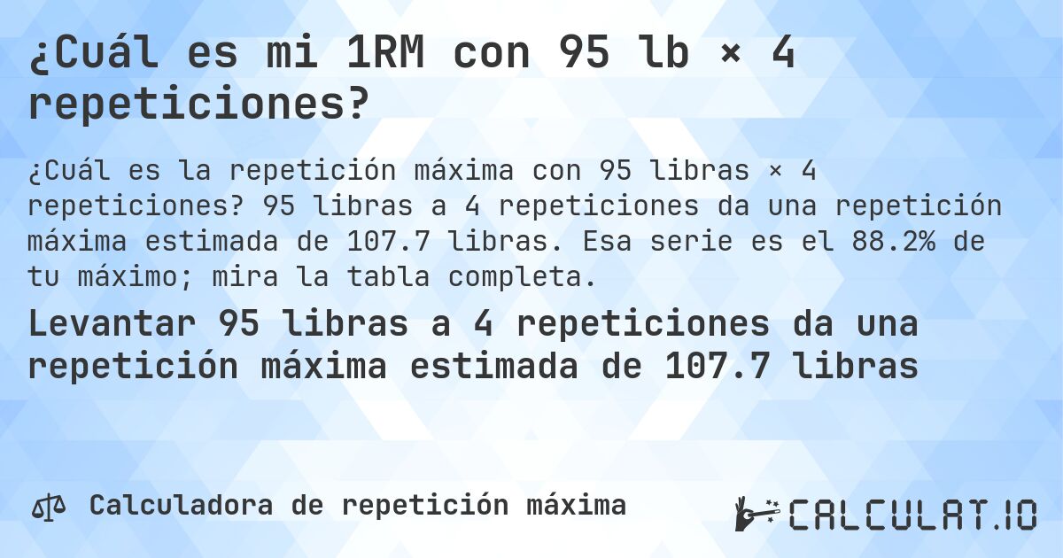 ¿Cuál es mi 1RM con 95 lb × 4 repeticiones?. 95 libras a 4 repeticiones da una repetición máxima estimada de 107.7 libras. Esa serie es el 88.2% de tu máximo; mira la tabla completa.
