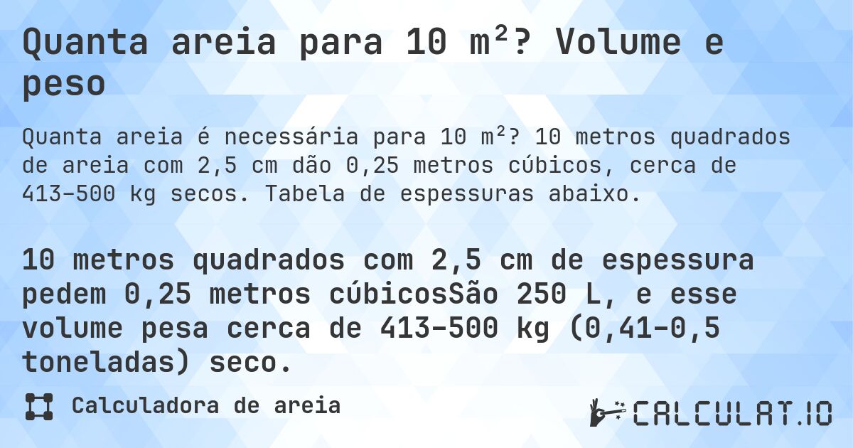 Quanta areia para 10 m²? Volume e peso. 10 metros quadrados de areia com 2,5 cm dão 0,25 metros cúbicos, cerca de 413–500 kg secos. Tabela de espessuras abaixo.
