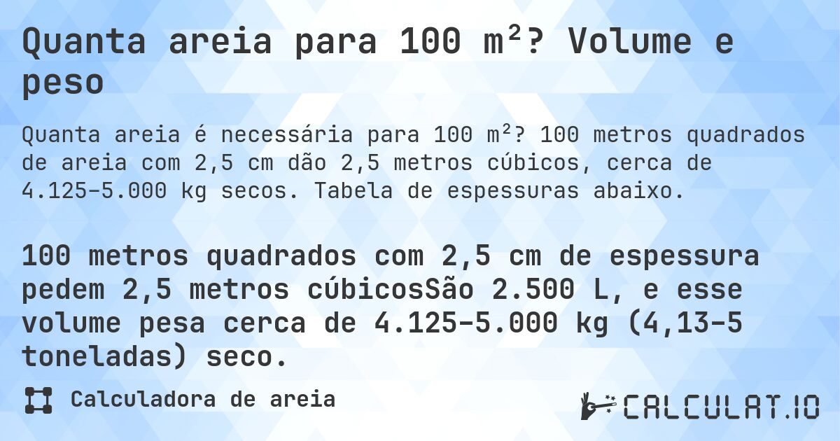 Quanta areia para 100 m²? Volume e peso. 100 metros quadrados de areia com 2,5 cm dão 2,5 metros cúbicos, cerca de 4.125–5.000 kg secos. Tabela de espessuras abaixo.