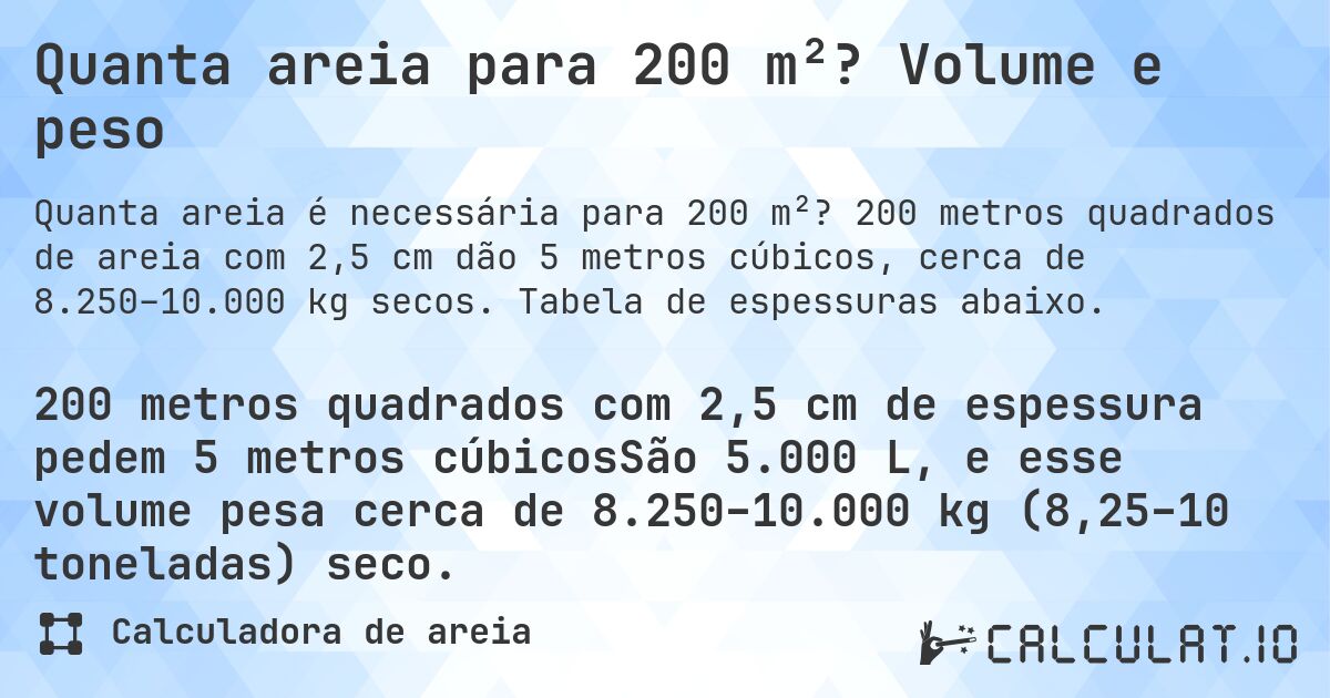 Quanta areia para 200 m²? Volume e peso. 200 metros quadrados de areia com 2,5 cm dão 5 metros cúbicos, cerca de 8.250–10.000 kg secos. Tabela de espessuras abaixo.