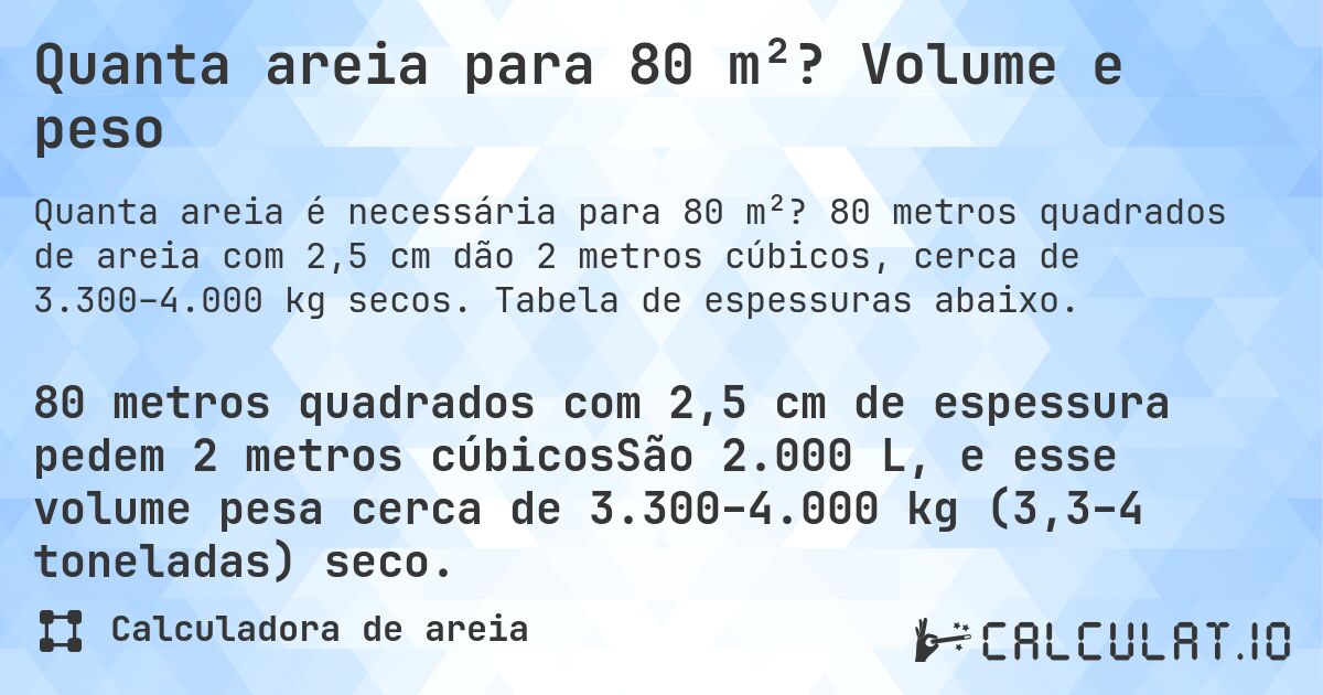 Quanta areia para 80 m²? Volume e peso. 80 metros quadrados de areia com 2,5 cm dão 2 metros cúbicos, cerca de 3.300–4.000 kg secos. Tabela de espessuras abaixo.