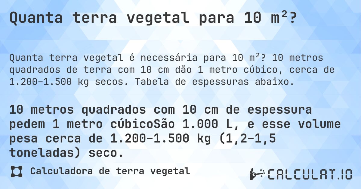 Quanta terra vegetal para 10 m²?. 10 metros quadrados de terra com 10 cm dão 1 metro cúbico, cerca de 1.200–1.500 kg secos. Tabela de espessuras abaixo.