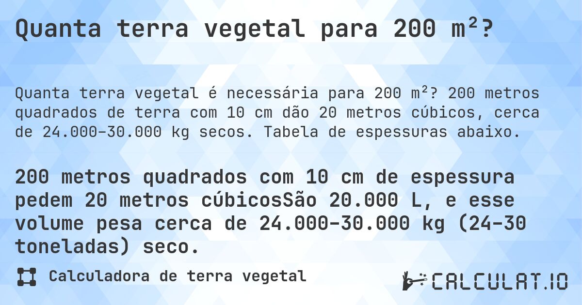 Quanta terra vegetal para 200 m²?. 200 metros quadrados de terra com 10 cm dão 20 metros cúbicos, cerca de 24.000–30.000 kg secos. Tabela de espessuras abaixo.