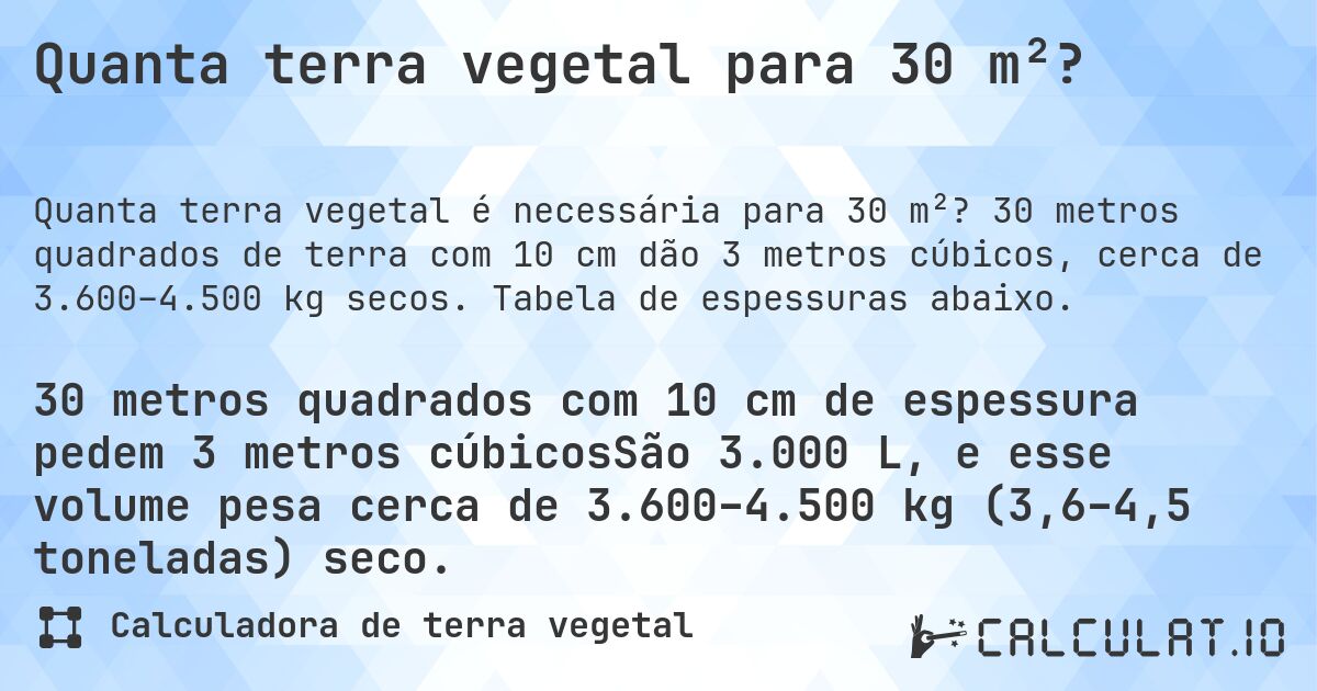 Quanta terra vegetal para 30 m²?. 30 metros quadrados de terra com 10 cm dão 3 metros cúbicos, cerca de 3.600–4.500 kg secos. Tabela de espessuras abaixo.