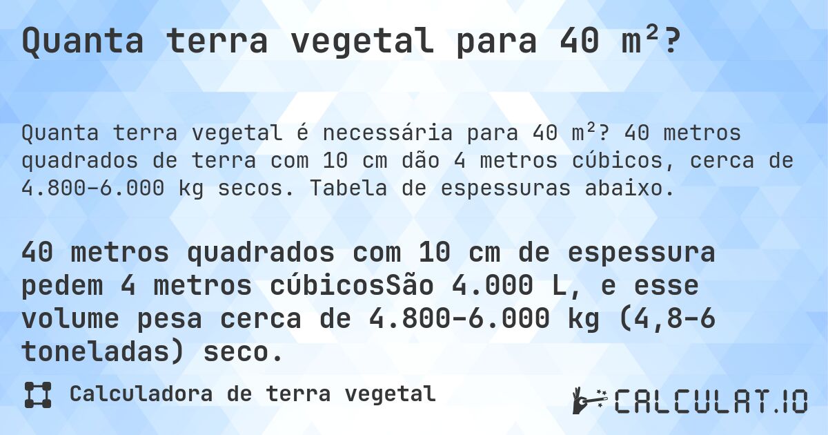 Quanta terra vegetal para 40 m²?. 40 metros quadrados de terra com 10 cm dão 4 metros cúbicos, cerca de 4.800–6.000 kg secos. Tabela de espessuras abaixo.