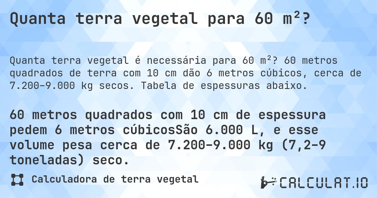 Quanta terra vegetal para 60 m²?. 60 metros quadrados de terra com 10 cm dão 6 metros cúbicos, cerca de 7.200–9.000 kg secos. Tabela de espessuras abaixo.