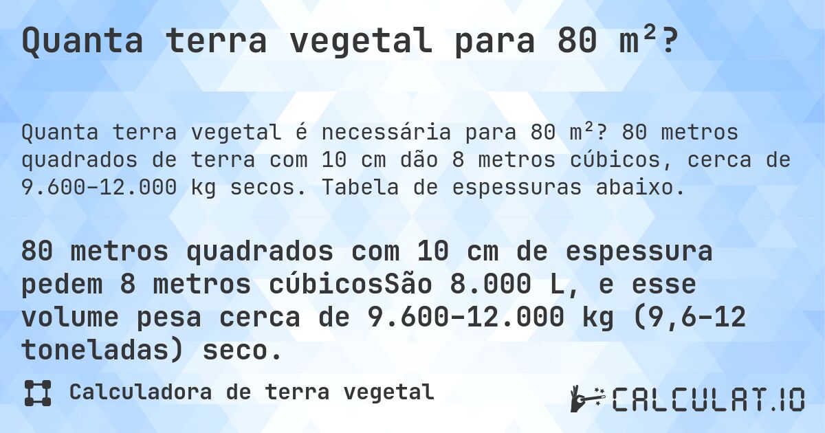 Quanta terra vegetal para 80 m²?. 80 metros quadrados de terra com 10 cm dão 8 metros cúbicos, cerca de 9.600–12.000 kg secos. Tabela de espessuras abaixo.