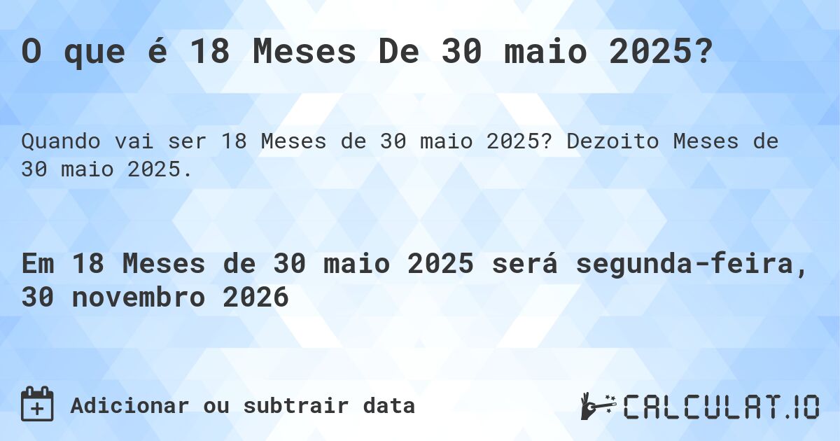 O que é 18 Meses De 30 maio 2025?. Dezoito Meses de 30 maio 2025.