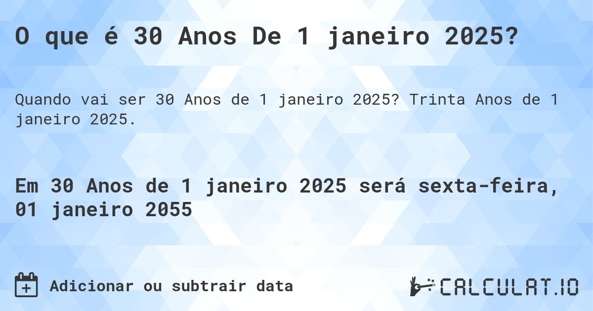 O que é 30 Anos De 1 janeiro 2025?. Trinta Anos de 1 janeiro 2025.