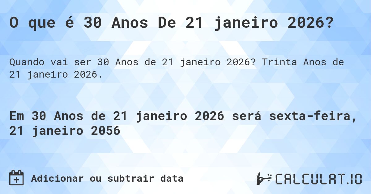 O que é 30 Anos De 21 janeiro 2026?. Trinta Anos de 21 janeiro 2026.