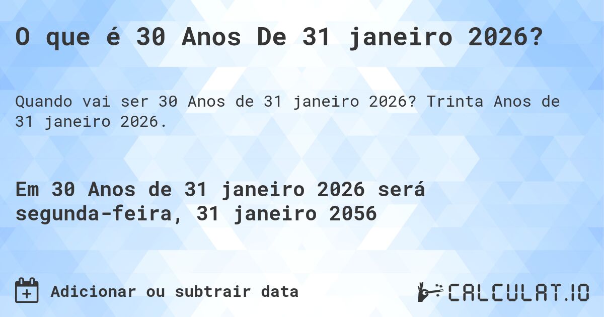 O que é 30 Anos De 31 janeiro 2026?. Trinta Anos de 31 janeiro 2026.