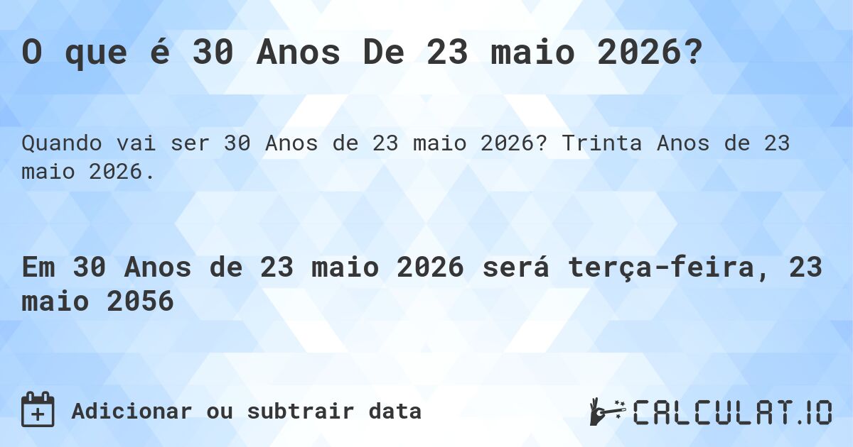 O que é 30 Anos De 23 maio 2026?. Trinta Anos de 23 maio 2026.