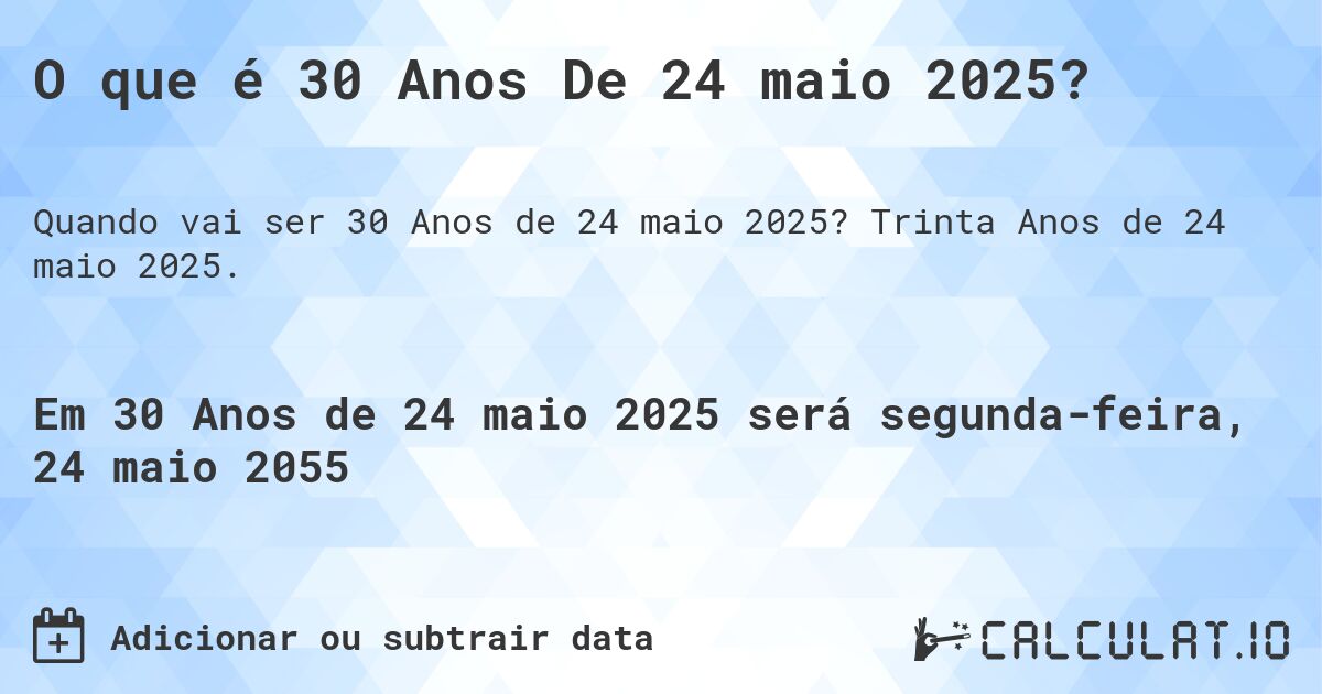 O que é 30 Anos De 24 maio 2025?. Trinta Anos de 24 maio 2025.