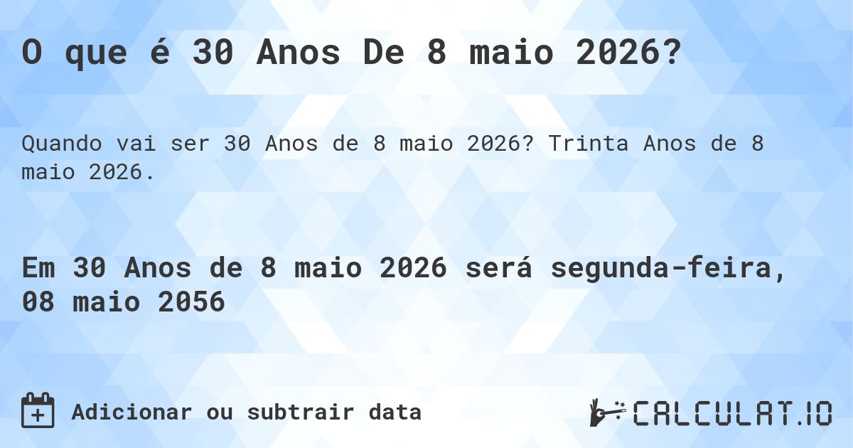 O que é 30 Anos De 8 maio 2026?. Trinta Anos de 8 maio 2026.