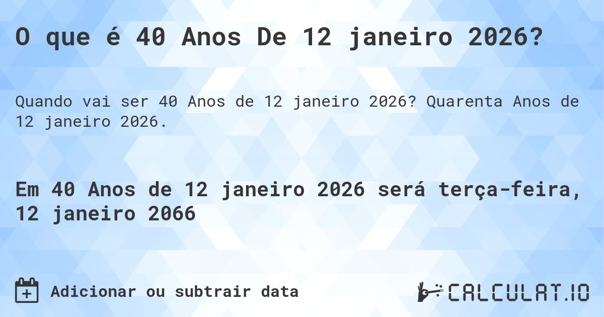 O que é 40 Anos De 12 janeiro 2026?. Quarenta Anos de 12 janeiro 2026.